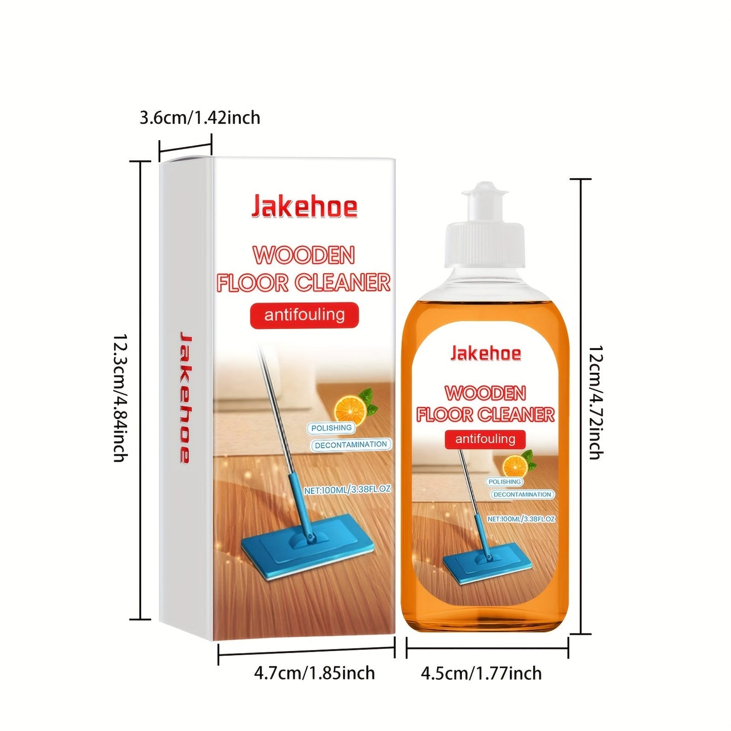 Jakehoe Wooden Floor Cleaner, 100ml - Antifouling, Stain & Descaling, Polishing, Orange Scent, Foam Formula, Glycerin-Based, Streak-Free, Suitable for Ceramic Surfaces, Less than 1 Liter Liquid Volume.