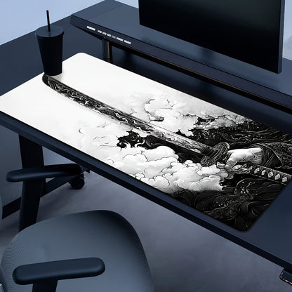 "Extra large Samurai sword gaming mouse pad, durable non-slip desk mat with precision stitched edges. Ideal for home office, gaming room, and study. Washable polyester fiber in black and