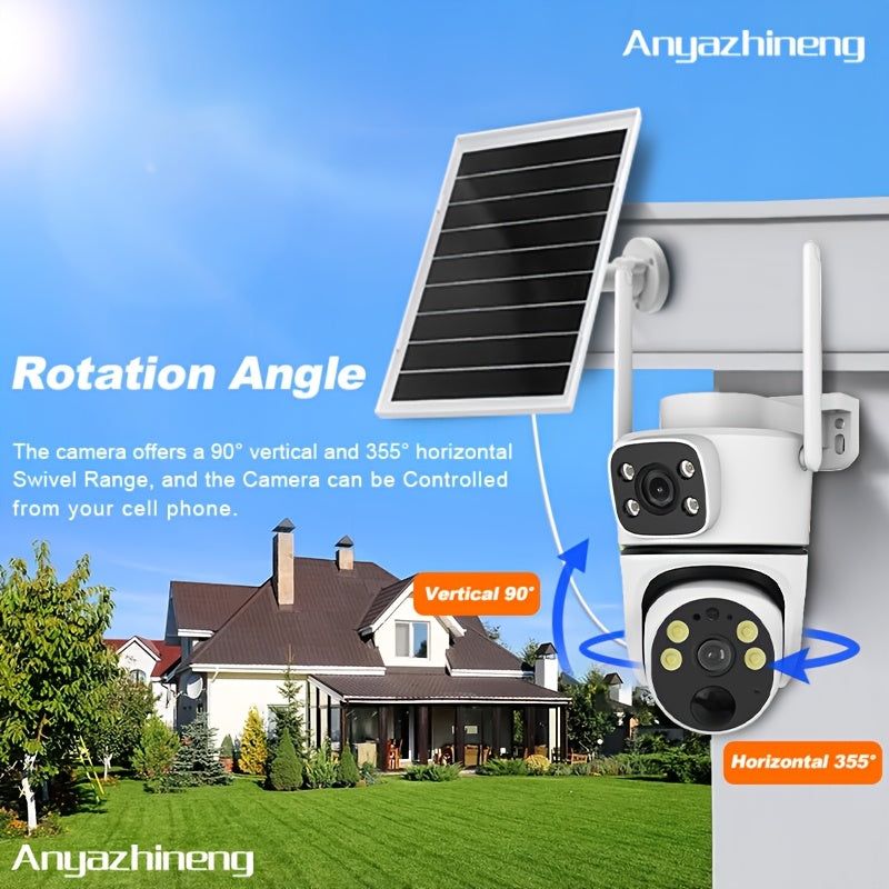 ANYAZHINENG Solar Powered Dual-Lens Security Camera - 1080p HD with PTZ Night Vision, Motion Detection, Two-Way Audio, Wi-Fi Enabled, App Controlled - Ideal for Home and Pet Monitoring (Non-Waterproof)