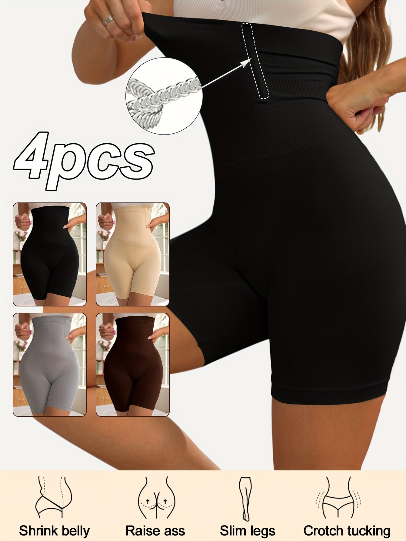 4-pack of high-waisted shaper shorts for women, designed to slim, shape, and control the tummy with a wide waistband. Perfect for yoga and fitness.