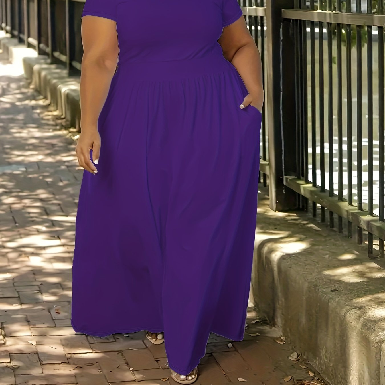 Stretchy solid maxi dress for plus size women with short sleeves