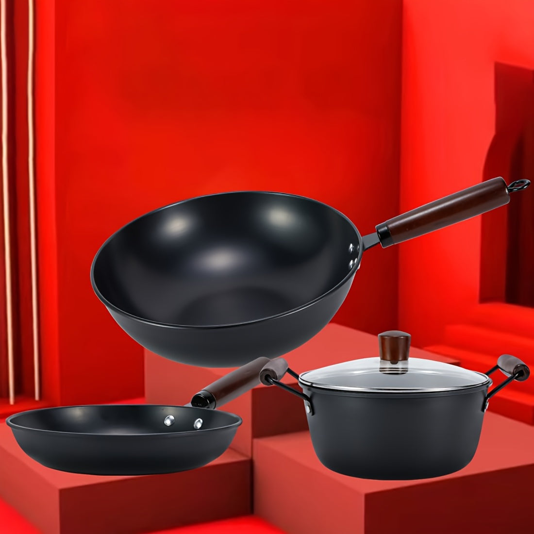 Set of 3 Cast Iron Cookware: Includes a 30.48cm Wok, a 24.13cm Frying Pan, and a 24.13cm Soup Pot with Charcoal Wood Handles. Rust-resistant and high heat resistant, perfect for all your cooking needs.