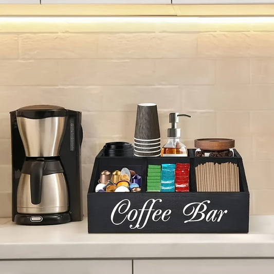 Wooden coffee bar organizer box with multiple compartments for storing coffee accessories, condiments, and pods.