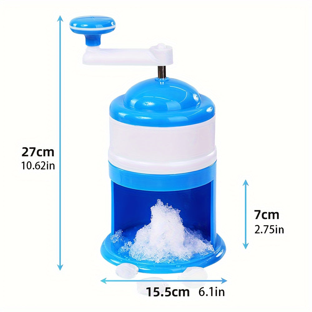 Stay cool this summer with the Portable Snow Cone & Shaved Ice Maker! This hand crank machine is made of durable ABS plastic in blue and white colors. Perfect for summer parties and home use, this machine requires no electricity to operate.