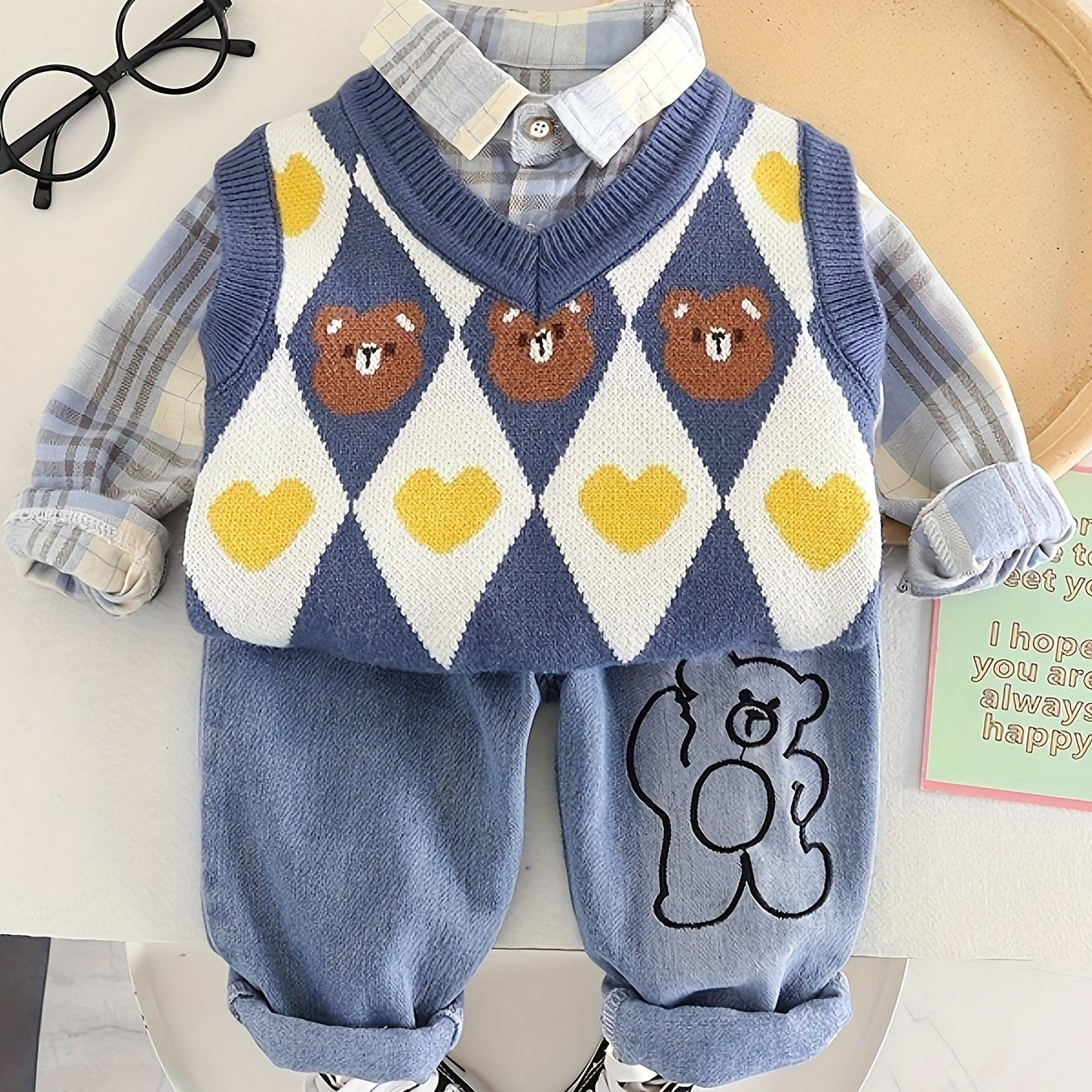 Boys' three-piece set with knit vest and jeans