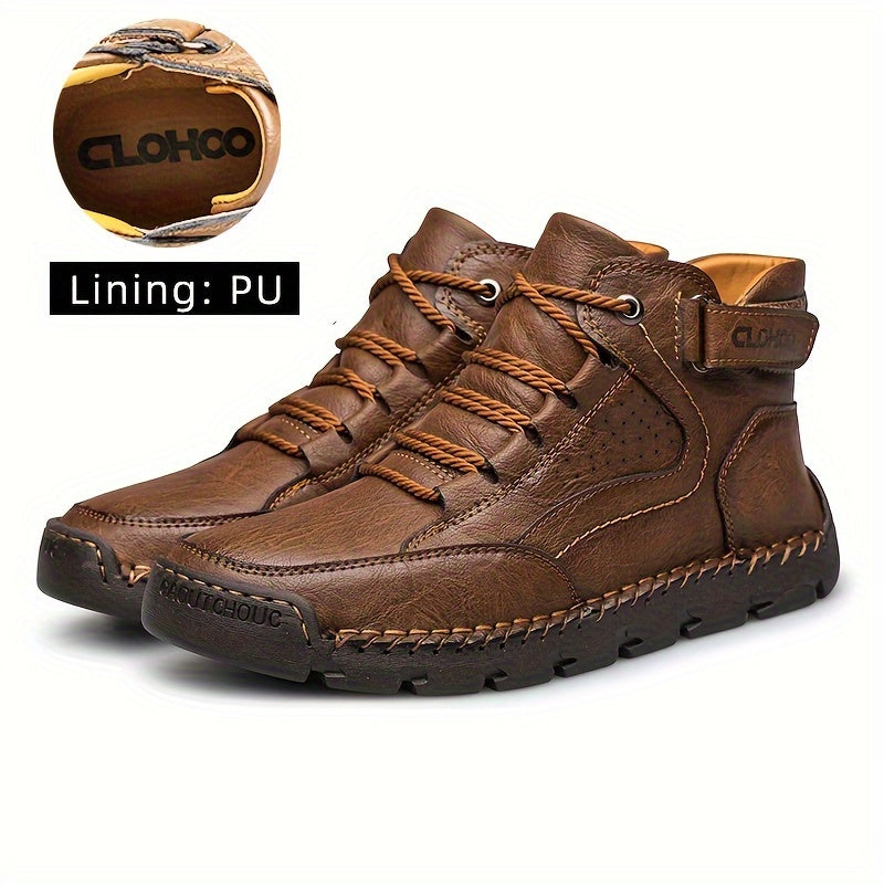 CLOHOO Men's High-Top Casual Ankle Boots with Handcrafted PU Upper & Lining, Rubber Sole for Enhanced Grip, Round Toe Lace-Up Closure, Warm Plush Interior, Solid Color Design for Outdoor