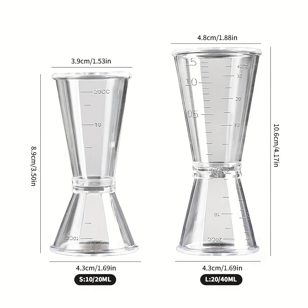 2 transparent measuring cups for cocktails, 40/10 CC, ideal for party supplies in the kitchen or bar.