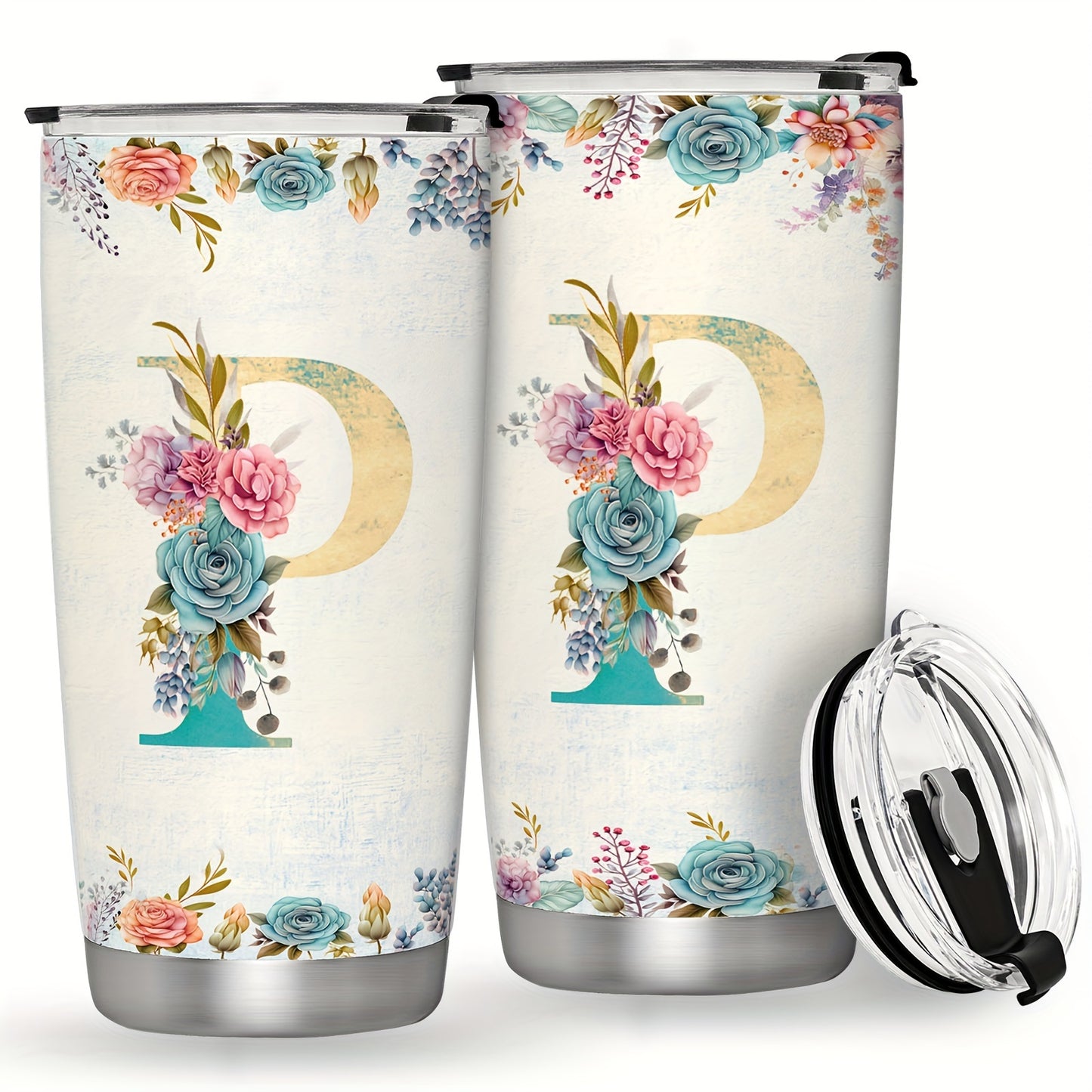 20oz Stainless Steel Tumbler with Initial Monogram, Floral Design, Leak Proof Lid, Perfect for Outdoor Activities, Great Gift for Holidays.