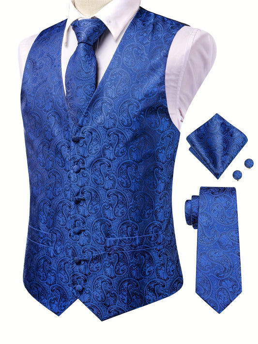 Stylish paisley suit vest set with matching accessories for plus size men.