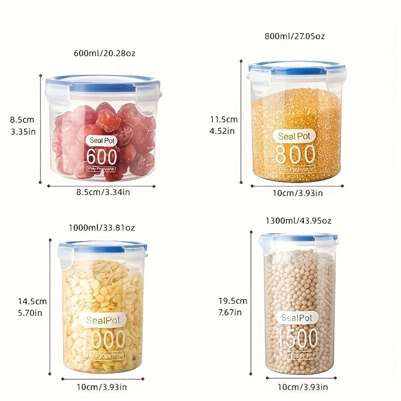 Set of 4 food storage containers featuring easy lock lids, clear airtight jars to keep food fresh, moisture-proof sealed boxes suitable for storing cereal, rice, pasta, flour, and sugar. Perfect for organizing your kitchen supplies.