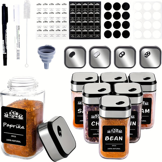 Square spice jars available in sets of 6, 12, or 24, with shaker cup inserts, 120ml thick glass jars, stainless steel twist locks, and a silver storage box.