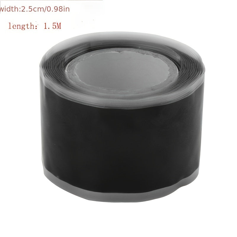 Self-Fusing Silicone Repair Tape seals and waterproofs leaky pipes, easy to apply with black adhesive.