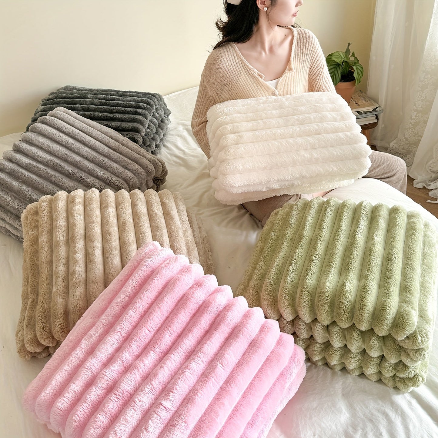 Pink Cozy Blanket - Lightweight Striped Flannel Throw for All-Season Comfort on Couch, Bed, Office, and Travel - Soft & Warm