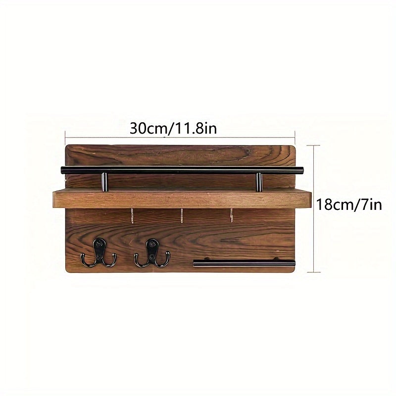 Light Brown Wooden Wall-Mounted Coat Rack with Shelf - Organizer for Entryway, Hallway, Living Room, Bedroom. Features Metal Hooks and Rustic Design.