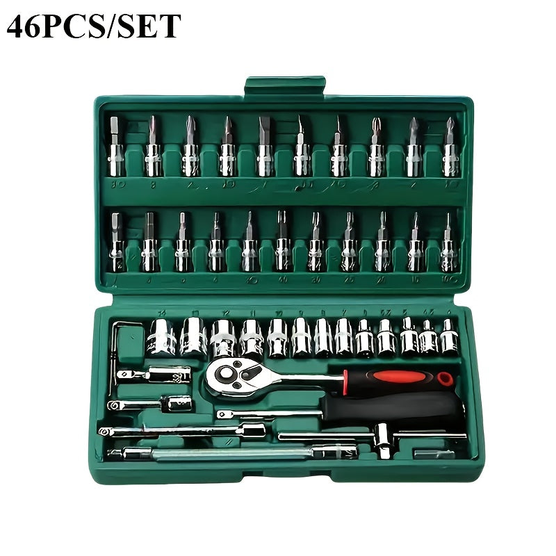 46-piece professional wheel tool set for advanced car repair, made of chrome vanadium steel. Includes quick wheel nut wrench, torque wrench, screwdriver, and portable green toolbox. Ideal