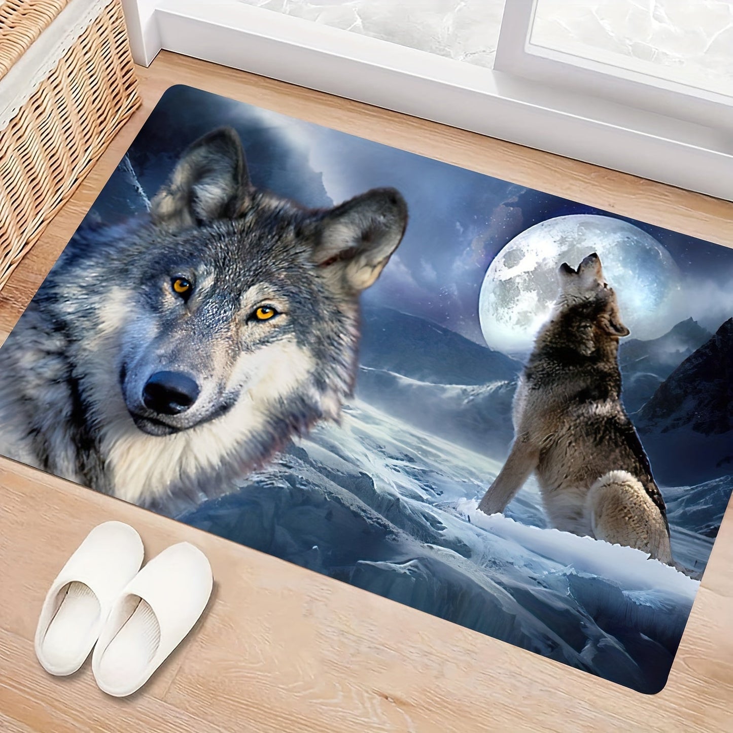 Decorate your home with this stunning 1-piece 3D snow wolf print rug, featuring a psychedelic motif design. This washable soft floor mat is perfect for any room in your home, including the living room, bedroom, bathroom, kitchen, laundry room, office