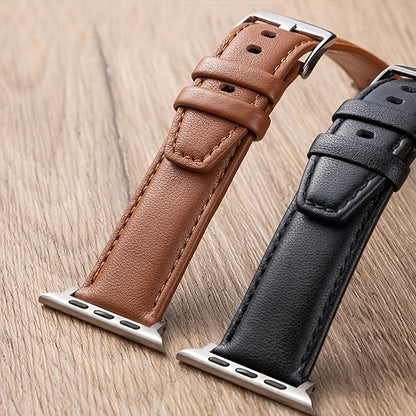 This preppy style calfskin leather watch band is the perfect replacement for your Apple Watch Series SE, 3, 4, 5, 6, 7, and 8. Available in sizes 38mm, 40mm, 41mm, 42mm, 44mm, 45mm, and 49mm, it features a stylish deployant clasp and is suitable for both