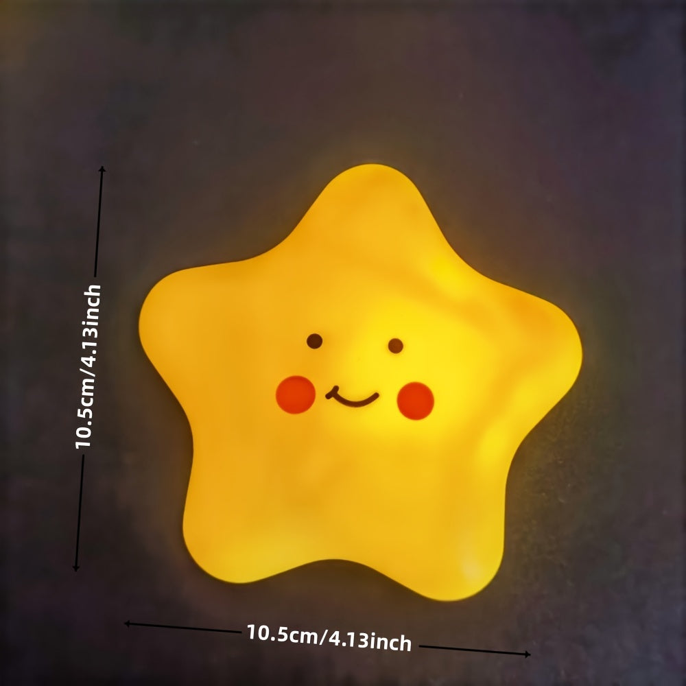 Star-shaped LED night light with cute smile expression, emits soft yellow glow, made of plastic and operates on batteries. Perfect for room decor.