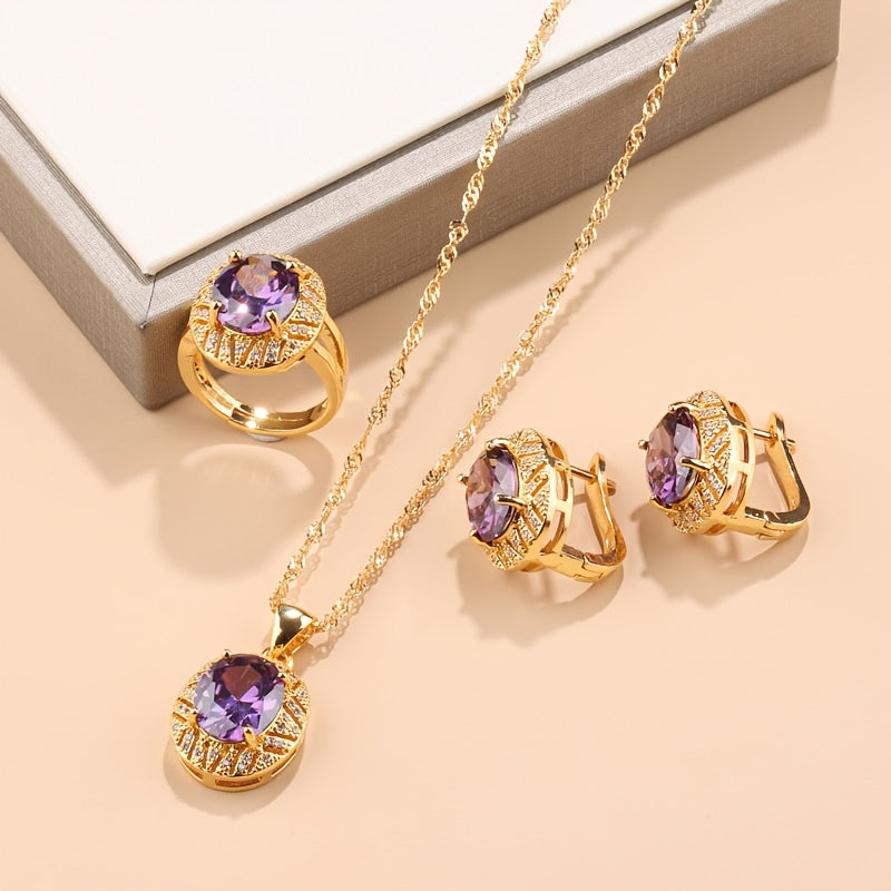 Sophisticated 4-Piece Jewelry Set - Featuring 18K Gold Plated Copper and Synthetic Zirconia Stones. Includes French-Style Necklace, Earrings, and Rings Combo perfect for Daily Wear or Weddings. Adorned with a Christmas Holiday Theme, this All-Season