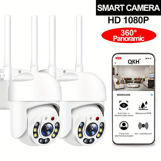 Ensure the safety of your smart home with the Smart Outdoor Security Camera. This camera features 2.4GHz WiFi connectivity, IP66 waterproof rating, AI human detection, 355° panoramic view, two-way audio, and USB charging capability. It is an essential