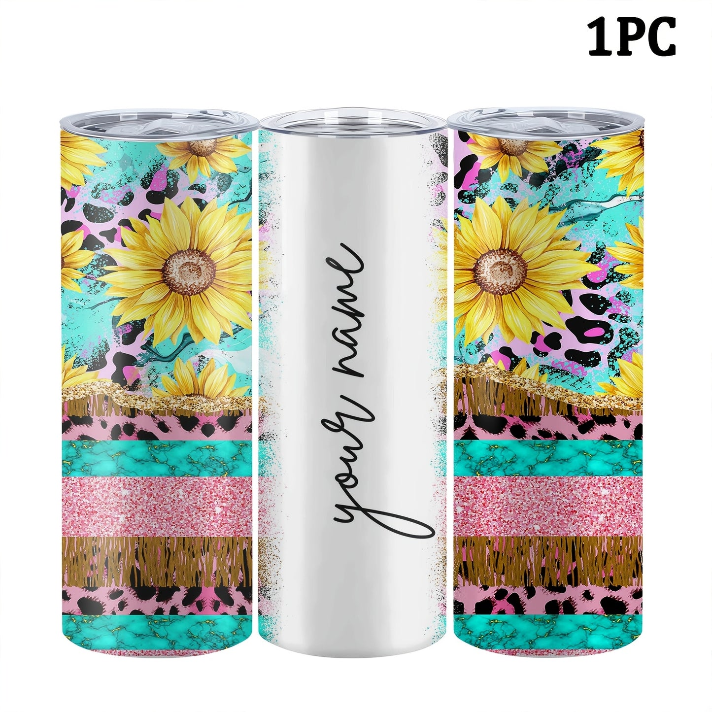 Customized sunflower stainless steel water bottle, 20oz with lid and straw, BPA-free, shatterproof, machine washable, perfect for outdoor travel and Valentine's Day gift.