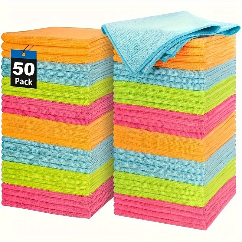 This set includes 50 ultra-absorbent microfiber cleaning cloths measuring 30.48x30.48 cm each. They are quick-drying, fade-resistant, and perfect for use in the kitchen, living room, and car. Ideal for all your kitchen cleaning needs.