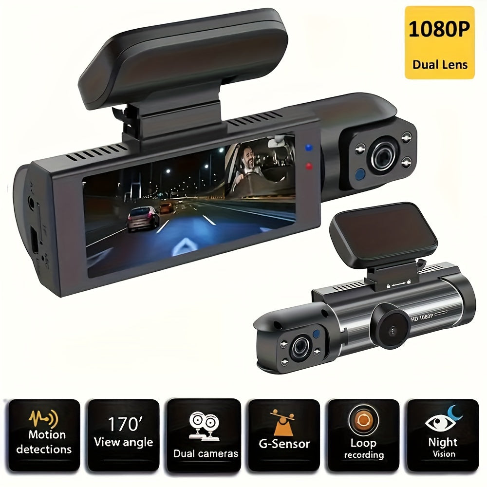 ZKCAMSPY Dual Dash Cam with 1080P front and 720P inside cameras, HD night vision, loop recording, G-sensor, wide angle, 27.5FPS, rechargeable lithium polymer battery, adhesive mount, and PC