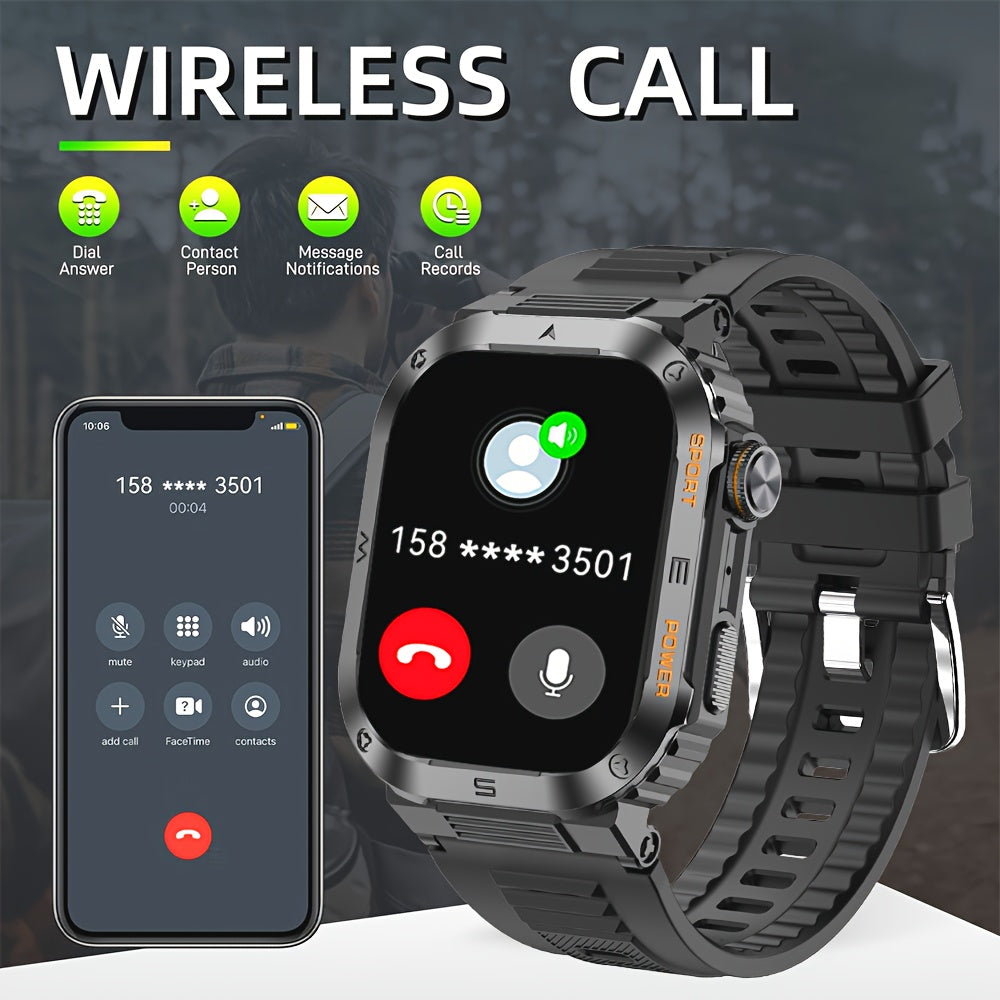 New durable smart watch for men with wireless calling, sports and fitness features, AI voice assistance, and outdoor capabilities with phone connectivity.