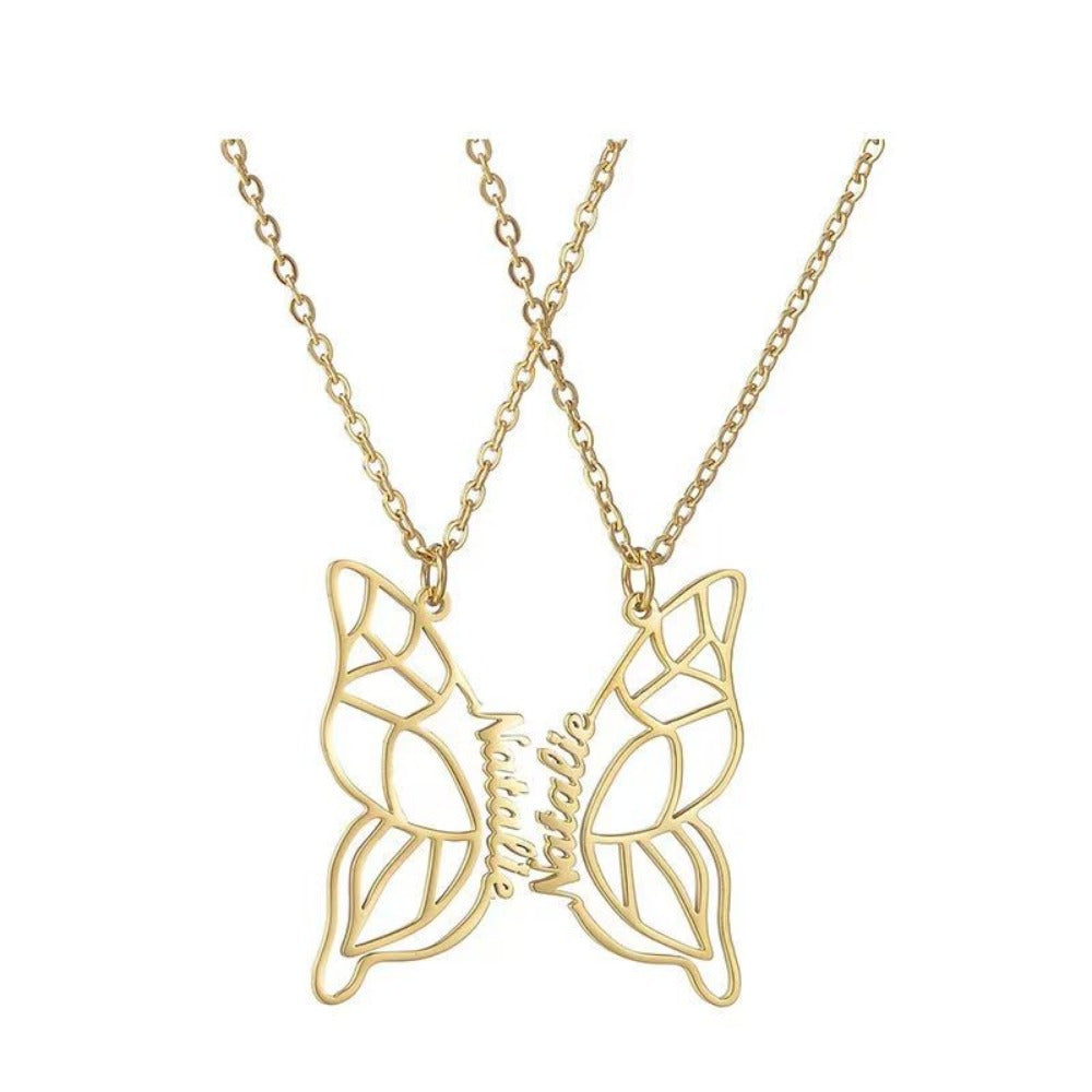 New for 2025, this stylish Butterfly Pendant Necklace features a custom engraved hollow letter design. Made of 18K golden plated stainless steel, this elegant and simple accessory is perfect for couples and best friends. A great fashion gift for any