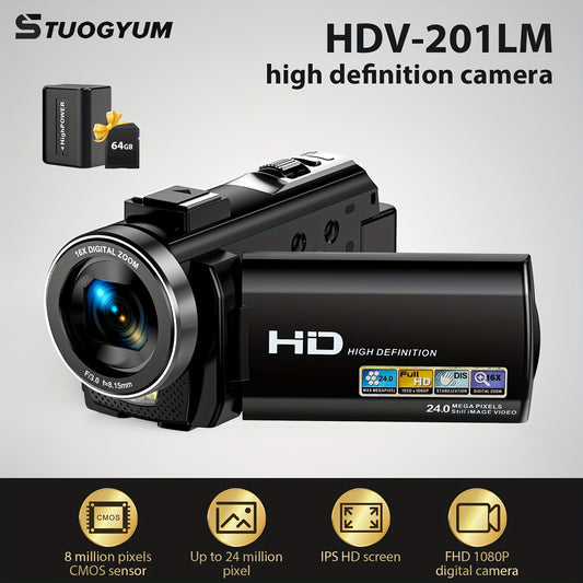 STUOGYUM Digital Video Camera Camcorder with 270° Rotation Screen, 16X Digital Zoom, 1080i Video Capture Resolution, Auto Focus, 64GB Card