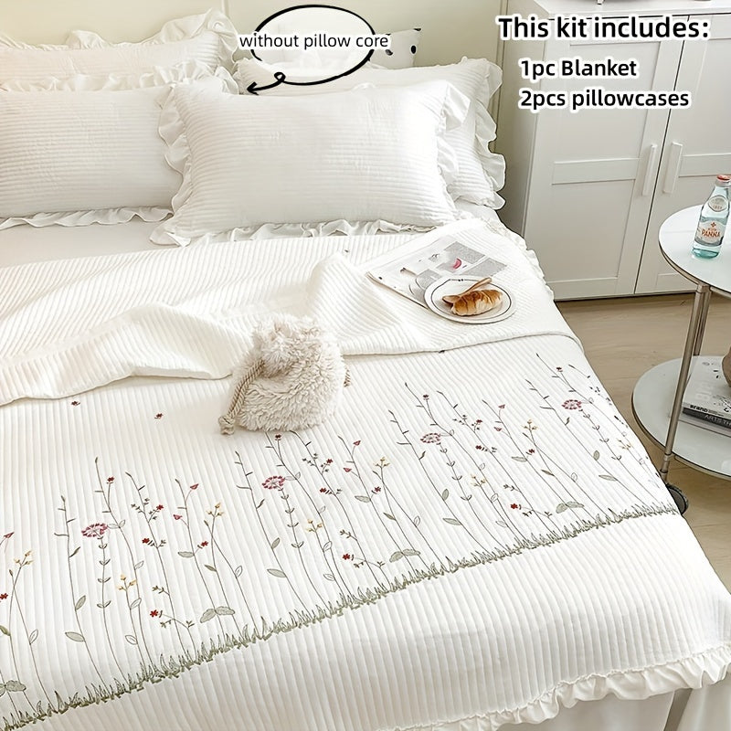 3-piece Korean Style Floral Embroidered Summer Quilt Set includes one lightweight blanket, two ruffled pillowcases, made of polyester fabric, machine washable - stylish bedding for all