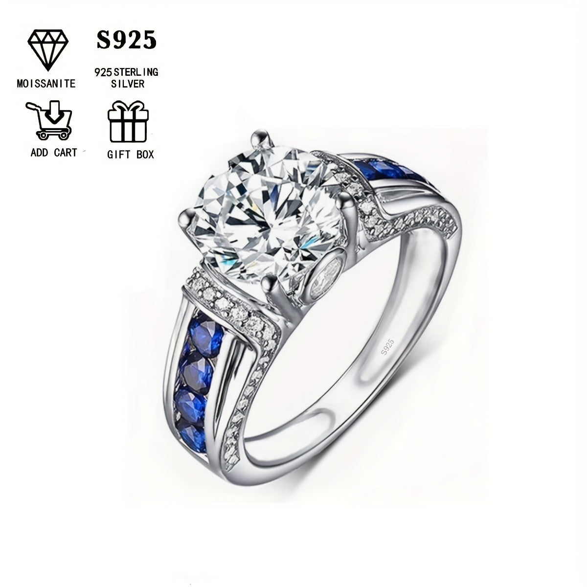 Beautiful 2ct Moissanite Engagement Ring adorned with stunning Blue Side Stones, crafted in 925 Sterling Silver Plating. This Boho Royal Style ring is ideal for both daily wear and special festival celebrations, making it a wonderful Mardi Gras gift.