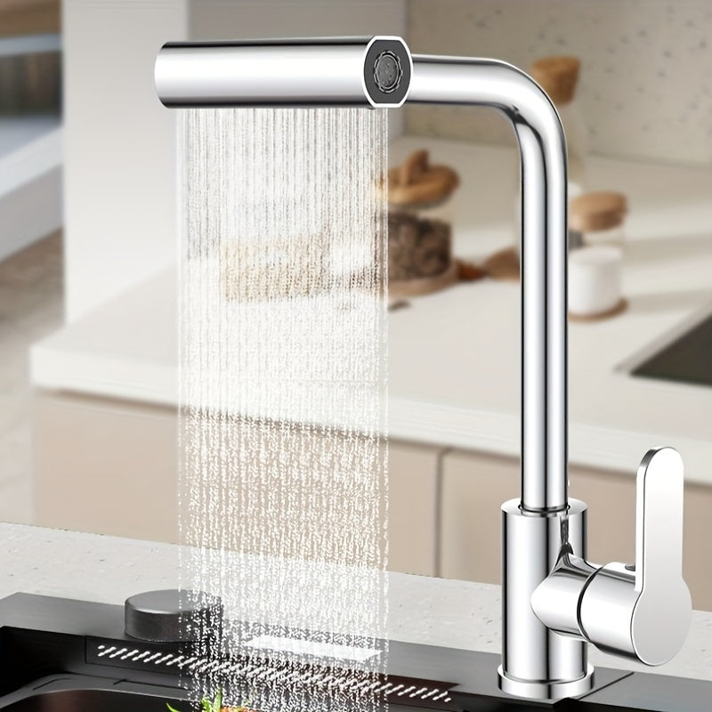 Commercial kitchen faucet with sprayer, rotary spout, and durable single-handle mixer. Space-saving design for various locations including farmhouses, caravans, stores, and modern kitchens.