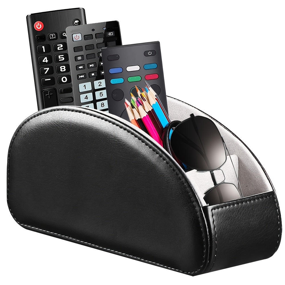 TV remote holder with 5 compartments, PU leather storage box, room decor organizer for home, kitchen, bathroom, and bedroom.