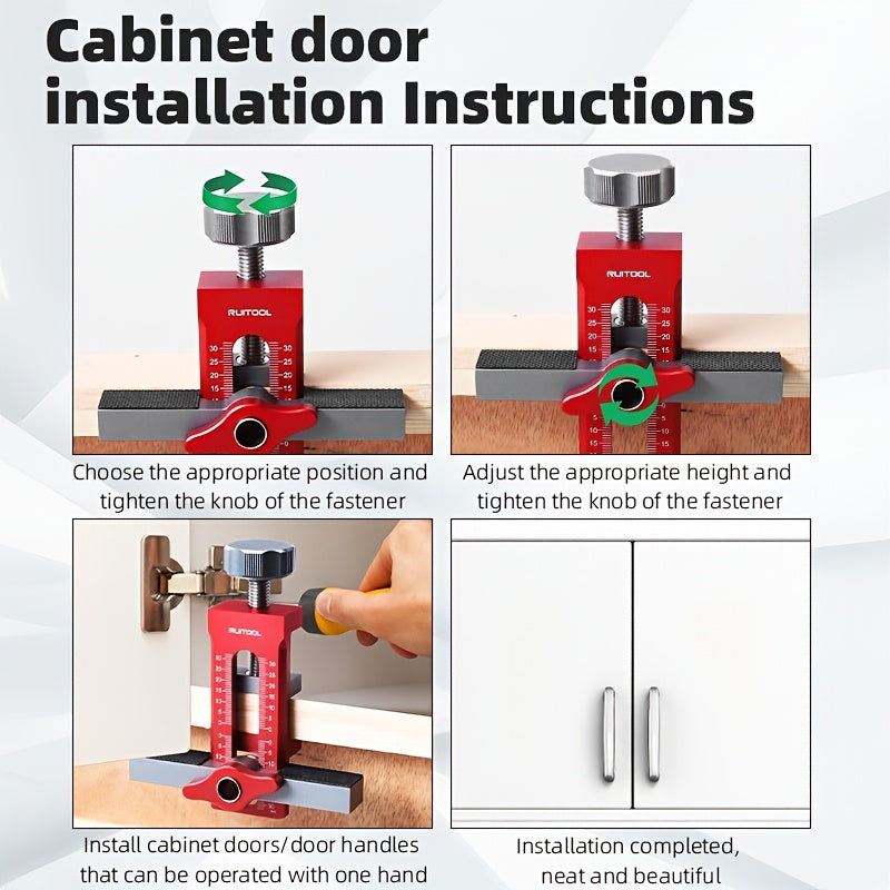 RUITOOL 2 In 1 Cabinet Door Installation Positioner made of rust-resistant aluminum alloy with non-slip design. Includes drill bits and has a clamping range of 7-40mm. Ideal for cabinet