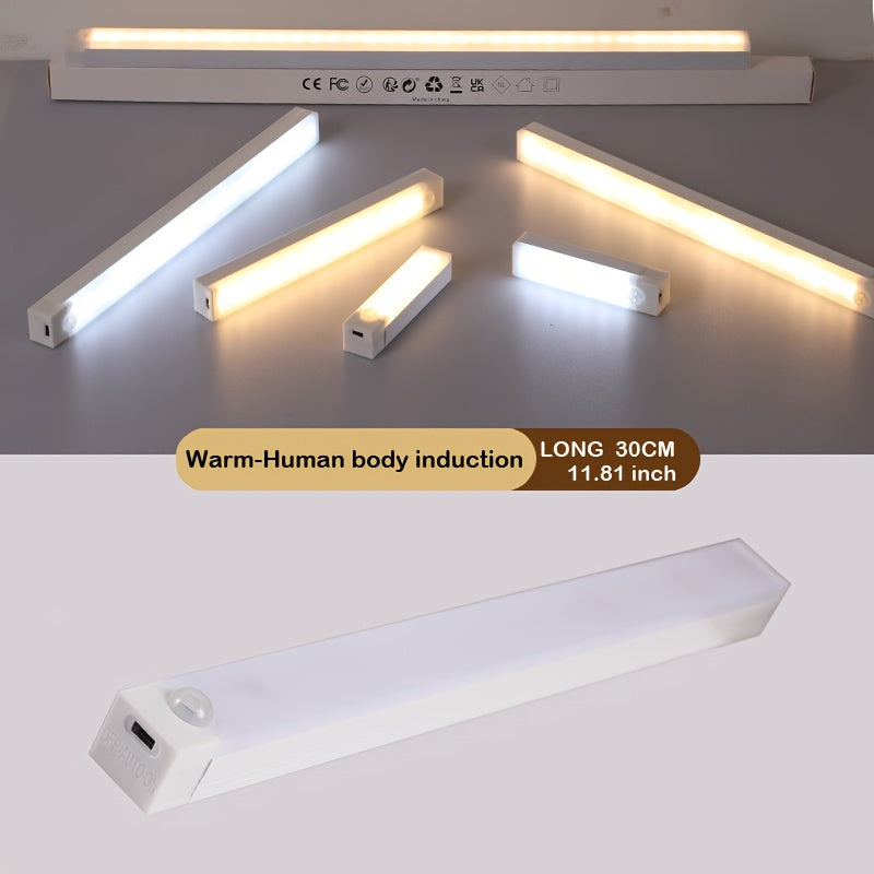 Wireless magnetic LED light strip for wardrobe and kitchen with rechargeable battery and adhesive backing for easy installation in closets, cupboards, stairs, and hallway shelves.