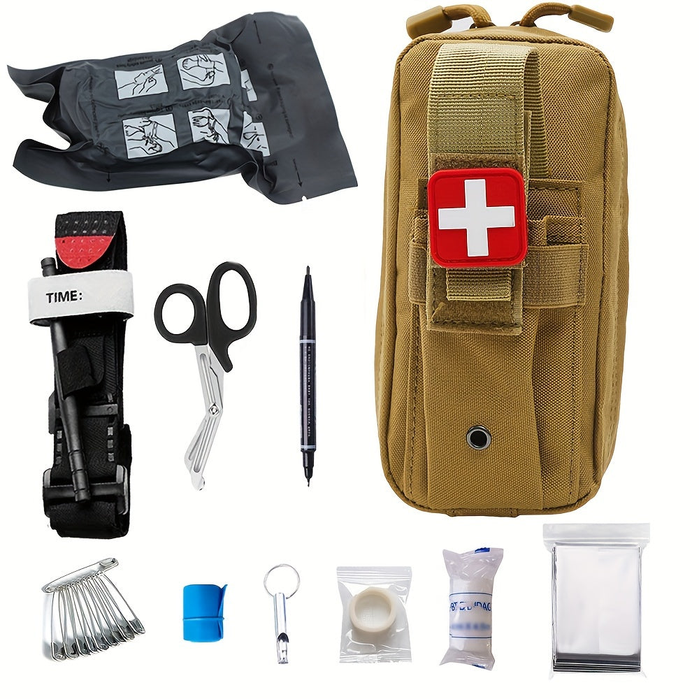 Emergency outdoor adventure equipment set with medical bag, first aid survival kit, tourniquet bag, and camping supplies.