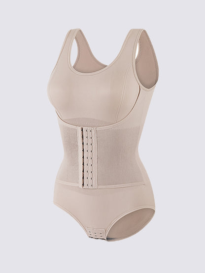 Slimming, cinching, and lifting bodysuit for women with hook closure, made from nylon-elastane blend.