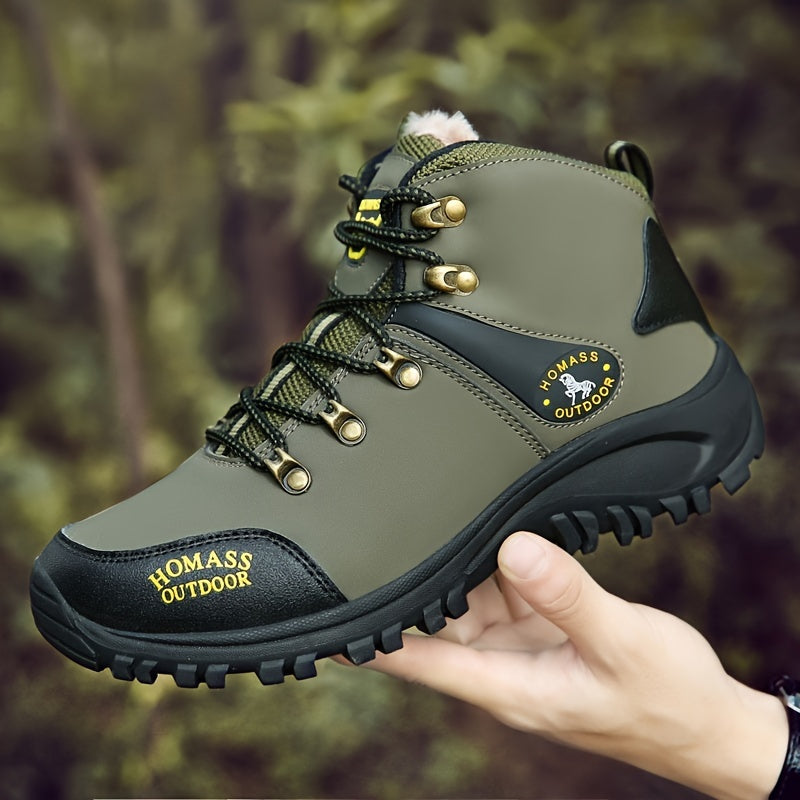 Vintage-style men's hiking boots with warm, durable, non-slip design and elastic ankle support. PU upper, rubber sole, lace-up closure. Ideal for all-season adventures.