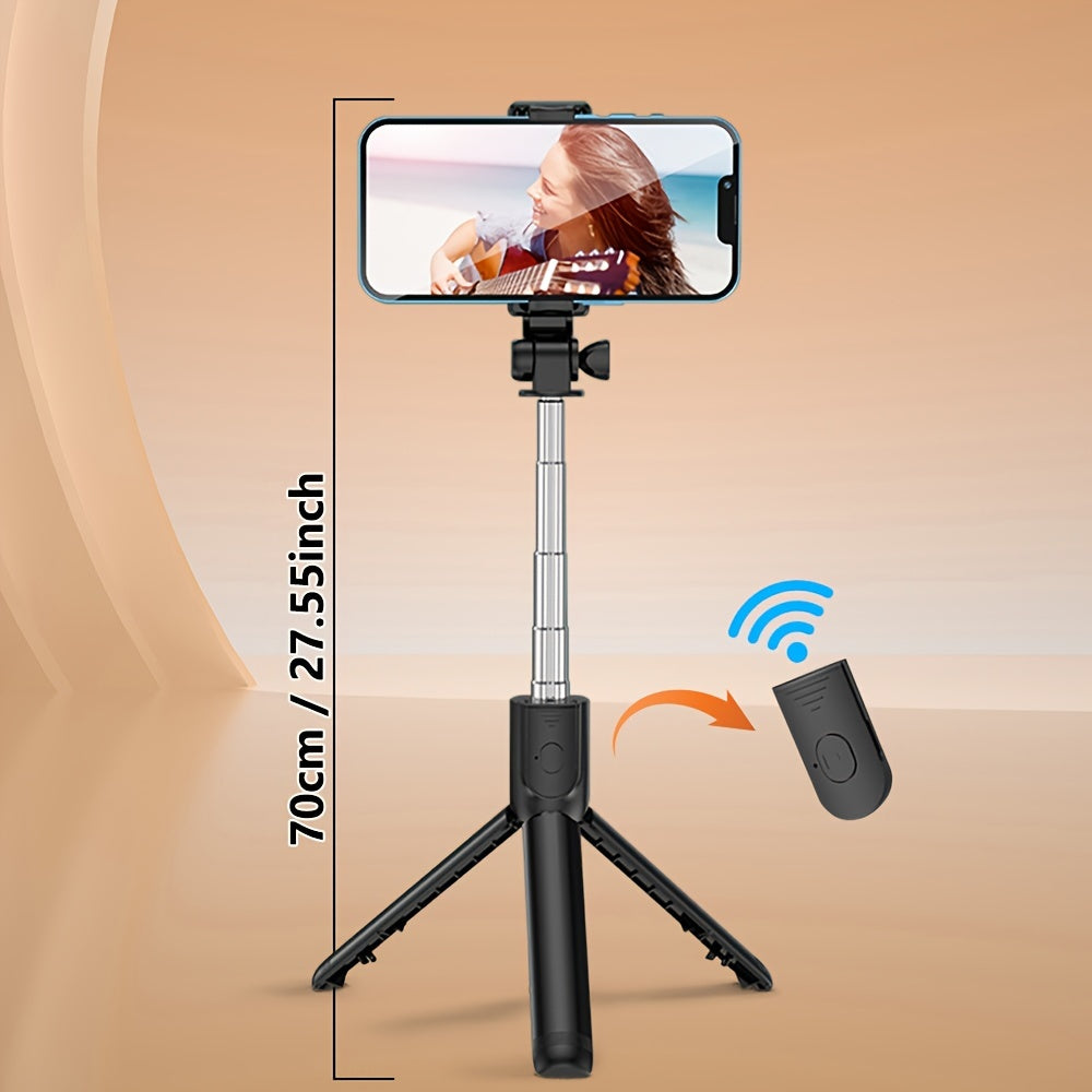 Portable wireless selfie stick tripod with remote control, 360° rotation, extendable up to 70cm, fits iPhone/Samsung/Android, battery-powered with non-rechargeable button battery, made of