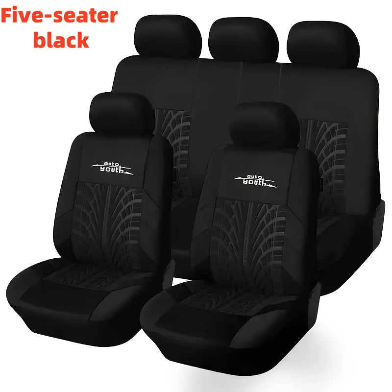 Universal nine-piece car seat cover set with soft, sponge filling and stylish tire trace design. Suitable for all seasons and most car models. Acts as a car seat protector.