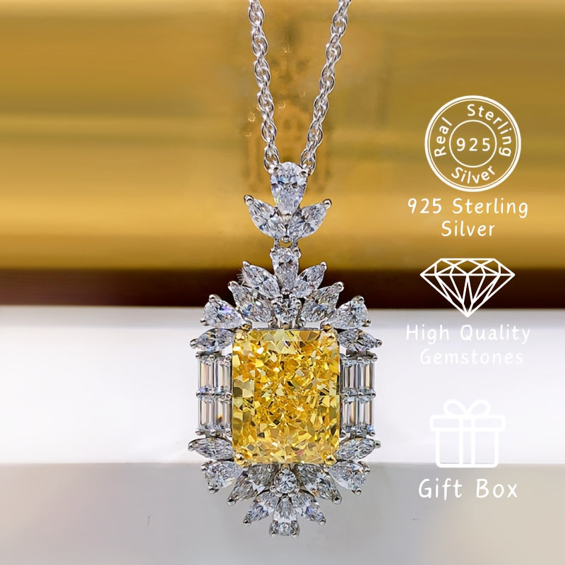 Sophisticated 925 Sterling Silver Pendant Necklace featuring a Radiant Cut Yellow Synthetic Gemstone and sparkling Cubic Zirconia accents. This uncoated piece is a glamorous addition to your everyday jewelry collection. A perfect Valentine's Day gift