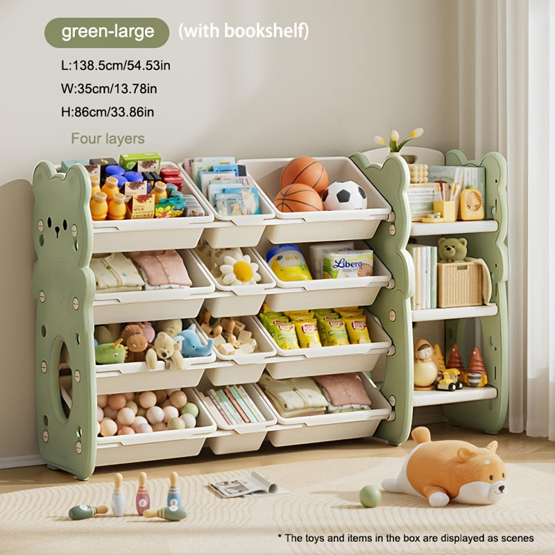 3-tier storage organizer with bins for toys, books, and clothes. Ideal for playroom and bedroom.