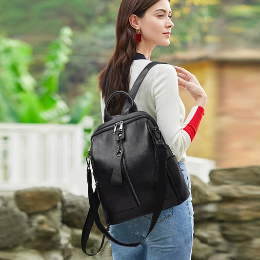 New 2024 fashion women's backpack made of genuine leather, featuring anti-theft design, large capacity, Korean style, adjustable strap, and zipper closure.