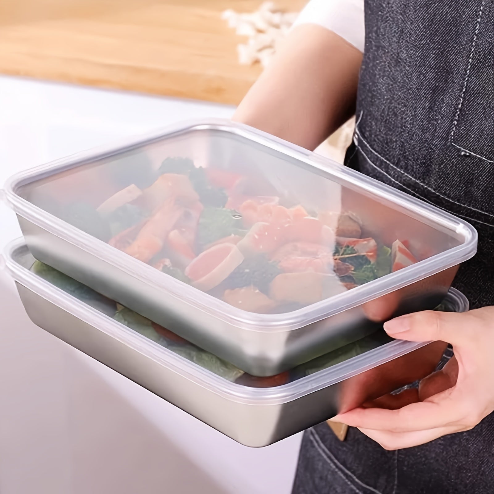 Stainless steel food storage set with clear lids - large square containers for meat, fruits, and veggies, ideal for camping, outdoor and home use. Stackable kitchen organizer, perfect for