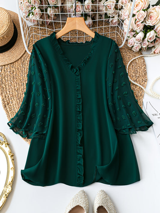 Elegant Plus Size V-Neck Blouse for Women, 95% Polyester 5% Elastane, Solid Color with Contrast Mesh Detail, Non-Stretch Woven Fabric, Ideal for Spring/Fall Season