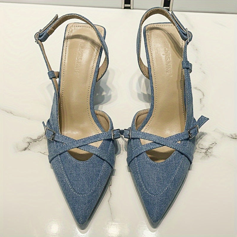 Blue cross strap women's high heel fashion sandals with pointed toe and hollow head.