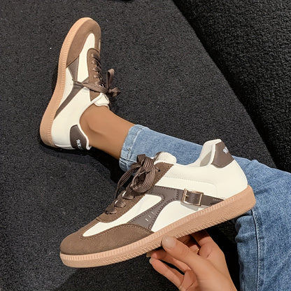 Women's Two-Tone Casual Sneakers with Strap Accents - Lightweight & Comfortable, Low-Top Lace-Up Shoes, Breathable Mesh Lining, Rubber Sole - Perfect for All Seasons