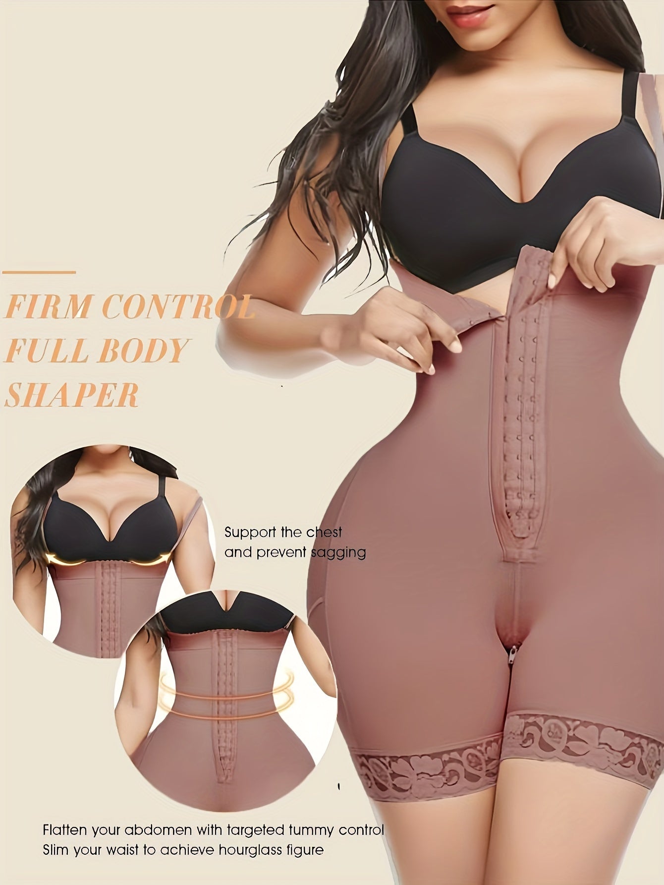 High-waist body shaper with firm control and zipper crotch. Made of polyamide knit fabric with elastane blend. Solid color with button front detail.