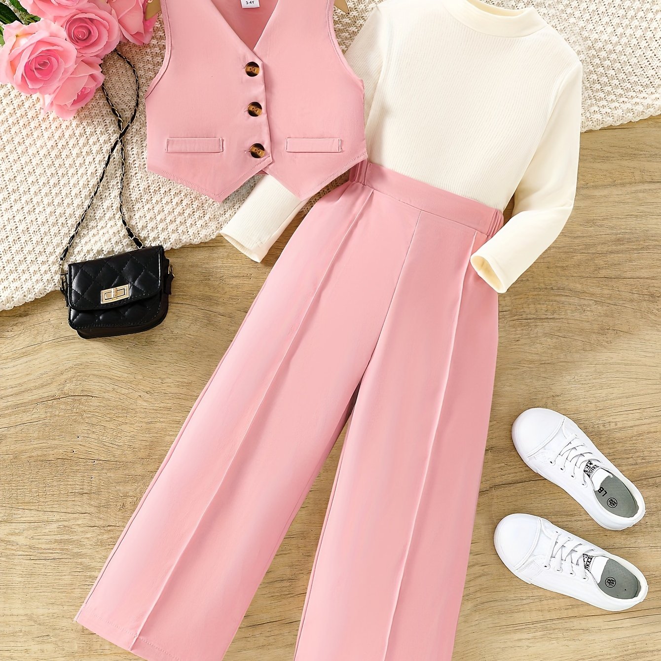 3-piece girls' casual outdoor outfit includes sleeveless vest, long sleeve top, and wide leg pants for spring and fall.